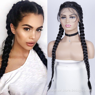 wholesale Long Double Braids 4x Twist Natural Black Synthetic Braided Lace Front Wig with Baby Hair Heat Resistant 32inch